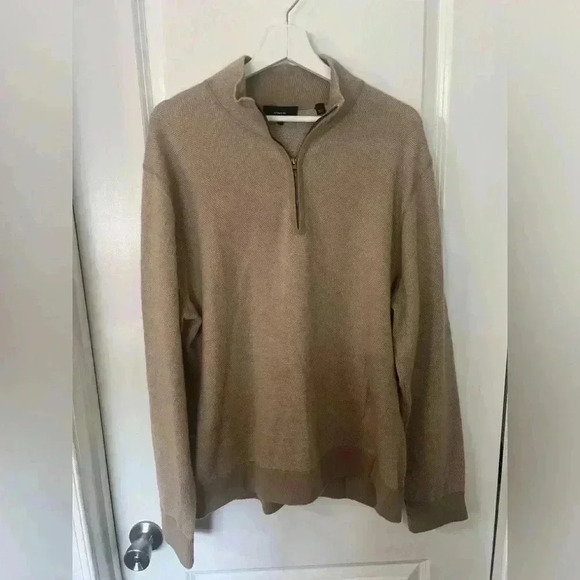 Vince. Men’s New Camel/Pearl Birds Eye Wool & Cashmere Quarter Zip Pullover - Picture 1 of 9